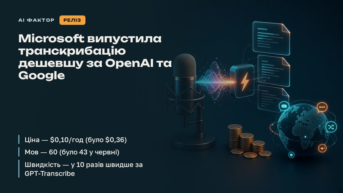 Microsoft випустила транскрибацію дешевшу за OpenAI та Google